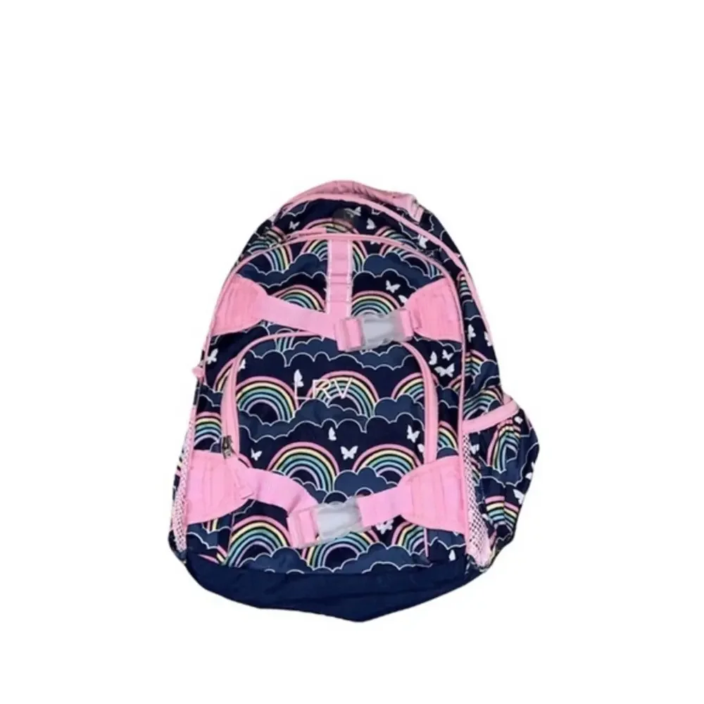 Pottery Barn Kids Navy Blue & Pink Monogrammed Rainbows Girls Backpack